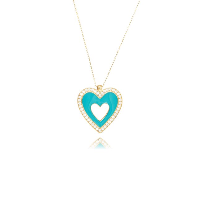 Geelgouden collier met turquoise hart en stenen