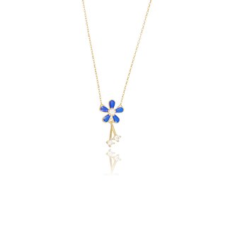 Gouden Bloem Collier Blauw met Zirkonia