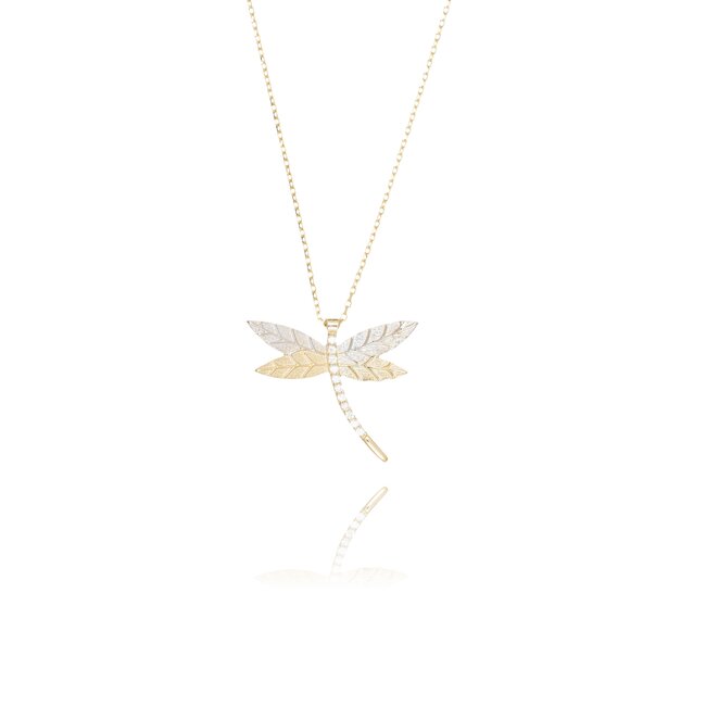 Gouden collier met libellehanger en zirkonia