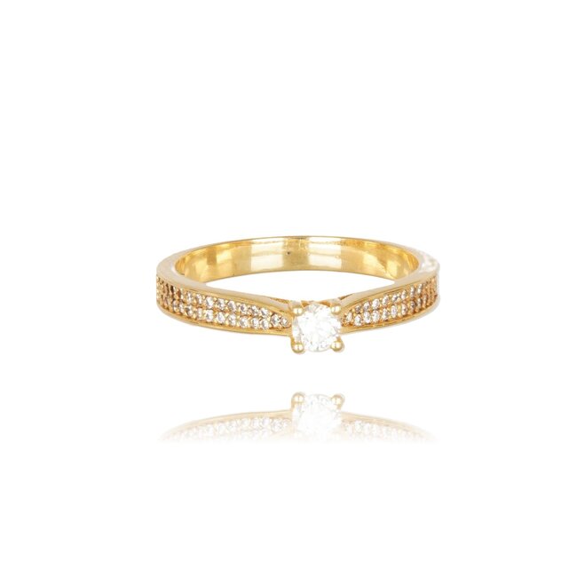 Elegante witgouden ring met briljant geslepen diamant en verfijnde pavé band
