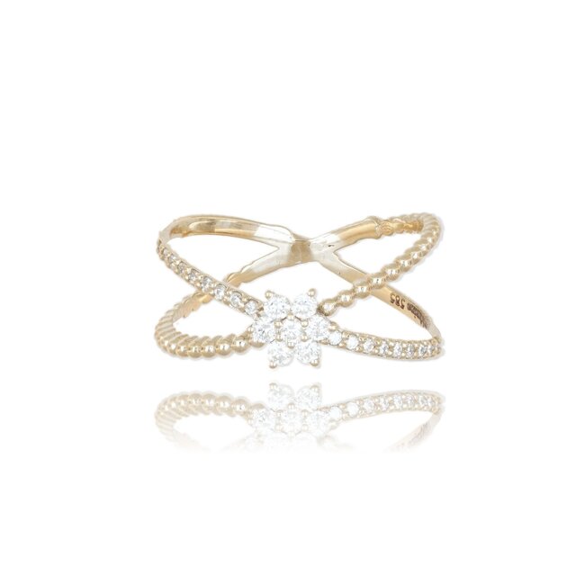 Elegante geelgouden damesring met bloemdesign en natuurlijke diamanten 0.24 ct