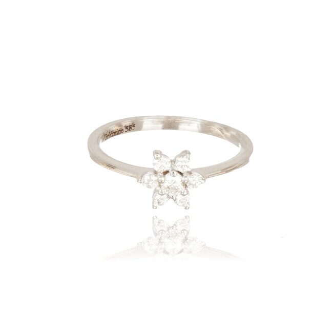 Elegante witgouden damesring met bloemcluster en 0.25 ct diamanten