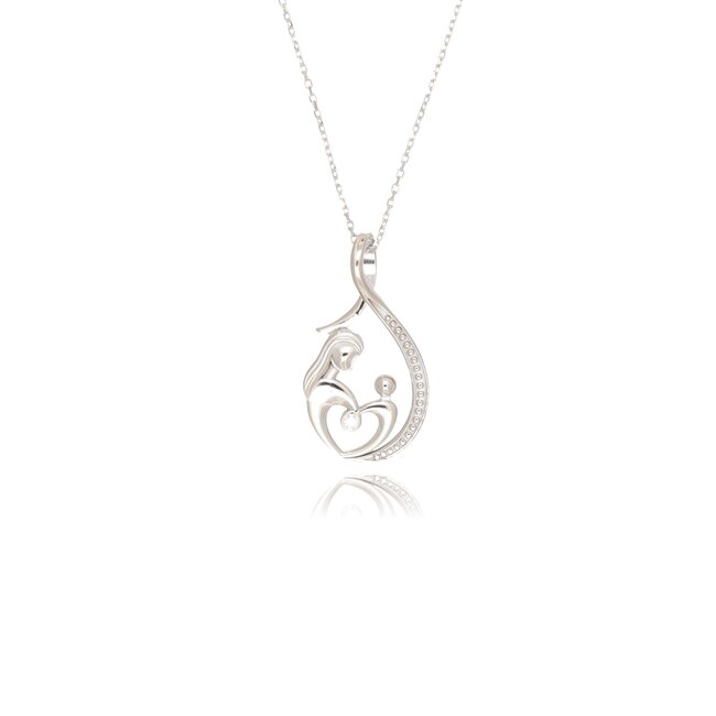14 karaat witgouden collier met moeder-kind hanger en diamant