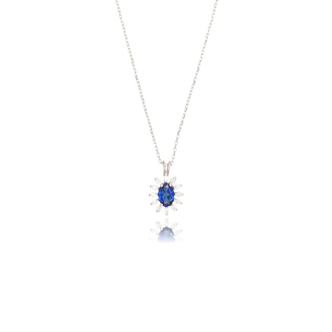 14 karaat witgouden collier met ovale saffier en diamanten