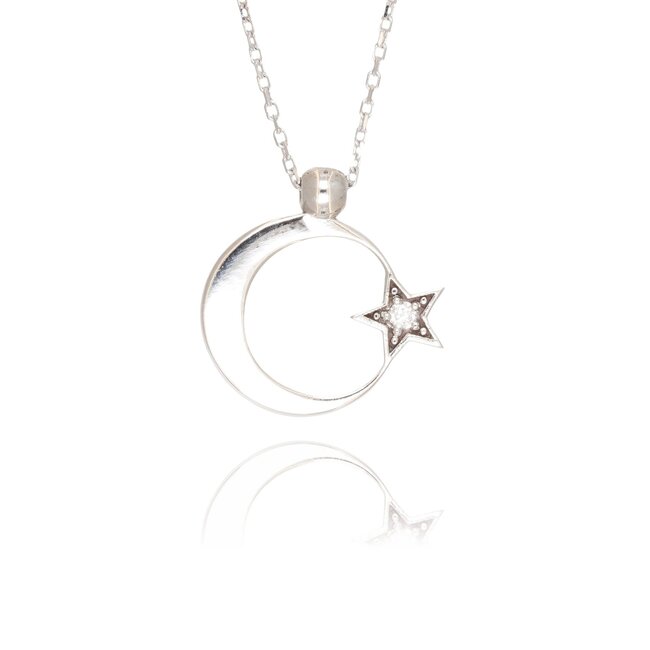 Elegant witgouden maan en ster collier met 0.03 ct diamant