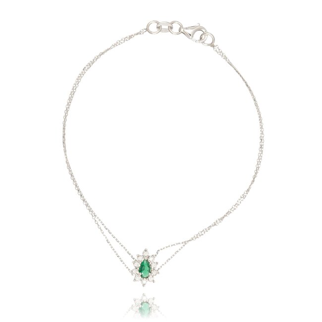 Luxe witgouden bloem armband met peervormige smaragd en diamant
