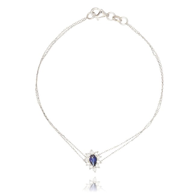 Elegante witgouden bloem armband met peervormige saffier en diamant