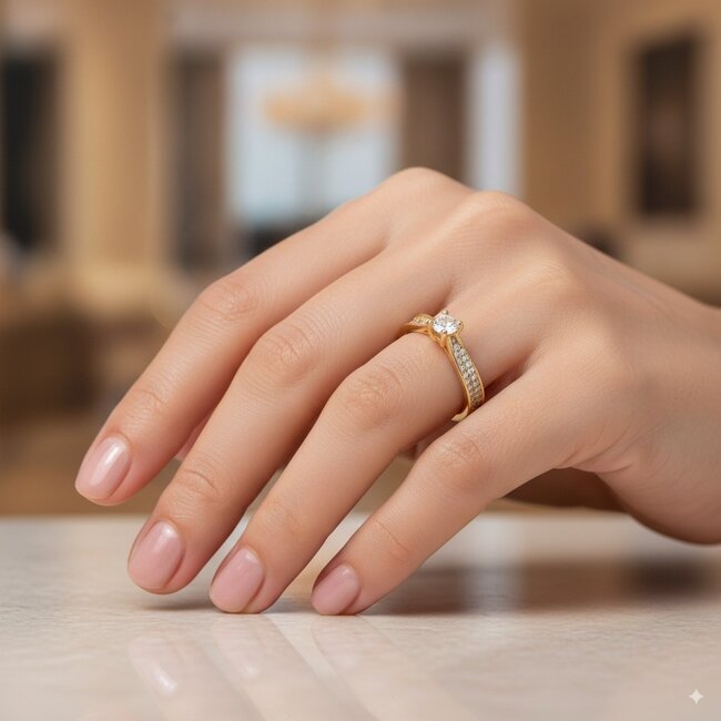 Elegante witgouden ring met briljant geslepen diamant en verfijnde pavé band