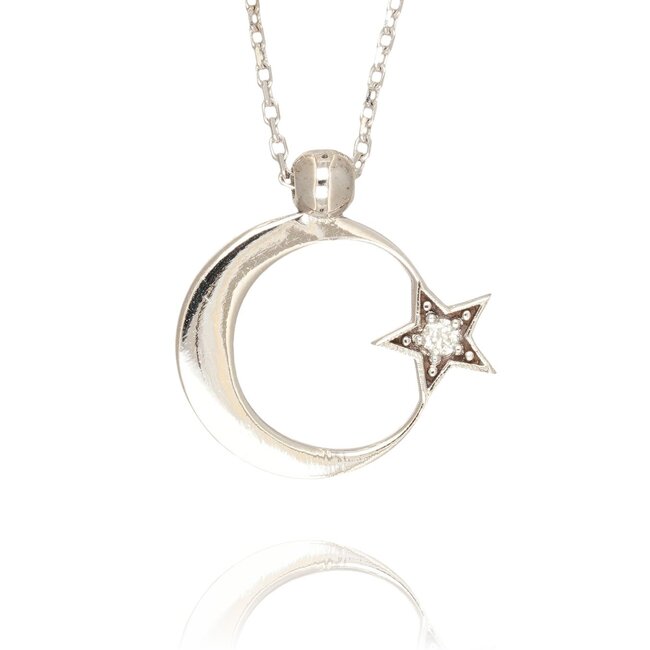 Goldmine Symbolische maan en ster hanger van witgoud met diamant
