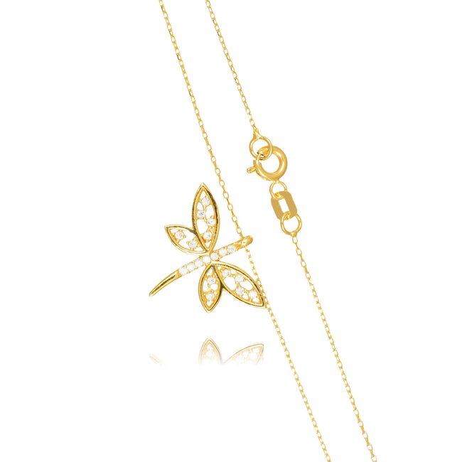 Elegante Gouden Libelle Hanger met Sprankelende Zirkonia Stenen Dames Ketting