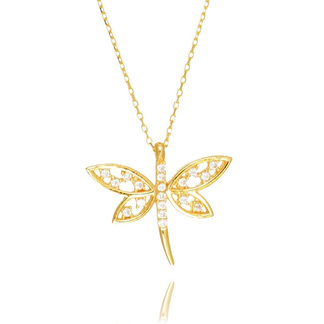 Elegante Gouden Libelle Hanger met Sprankelende Zirkonia Stenen Dames Ketting