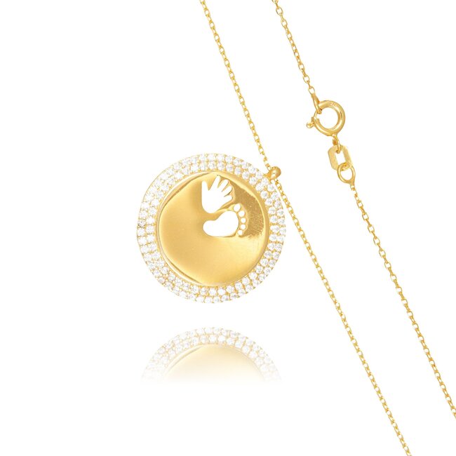 Elegante Gouden Baby Voetje Hanger met Handafdruk en Zirkonia Dames Ketting