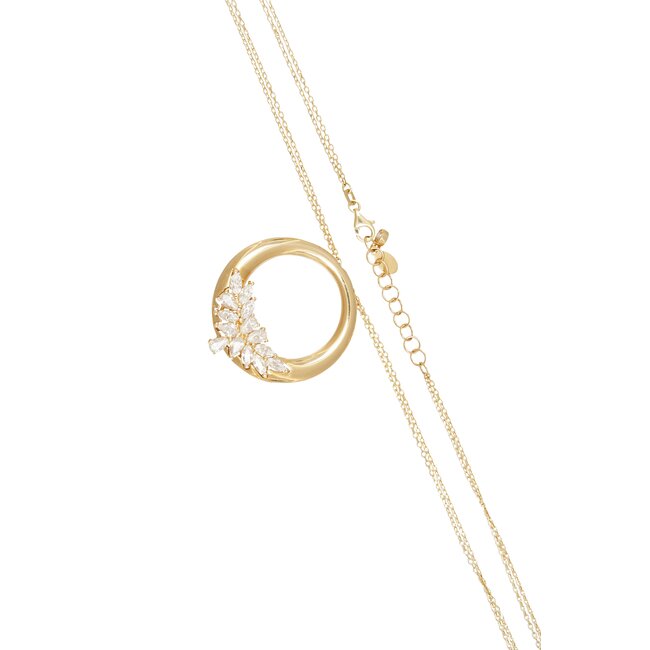 Elegant gouden collier met ronde hanger en fonkelende zirkonia details