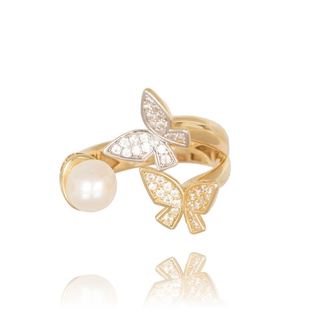 Elegante Vlinder Ring met Parel en Zirkonia