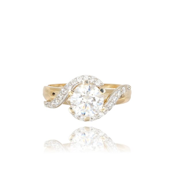 Elegante gouden ring met solitaire Swarovski-steen en wave pavé design