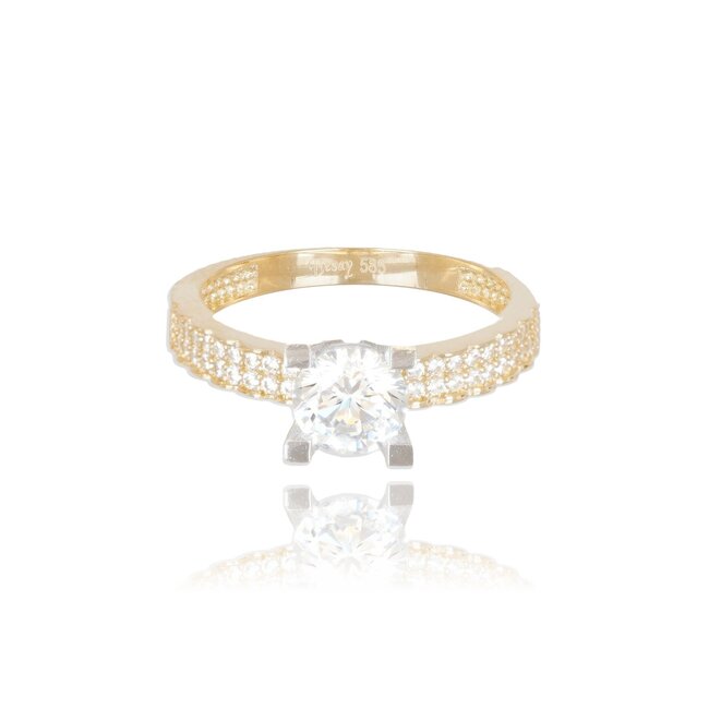 Luxe gouden solitair ring met dubbele pavé band en Swarovski-steen