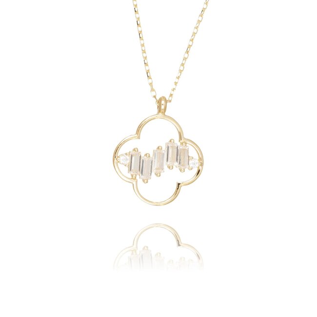 Luxe 14 karaat gouden klaver collier met baguette zirkonia