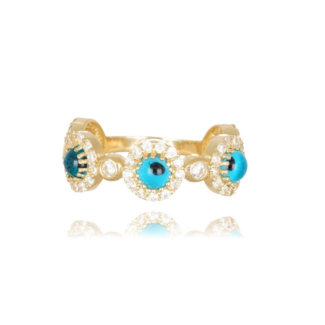 14 karaat gouden Evil Eye ring met turquoise stenen