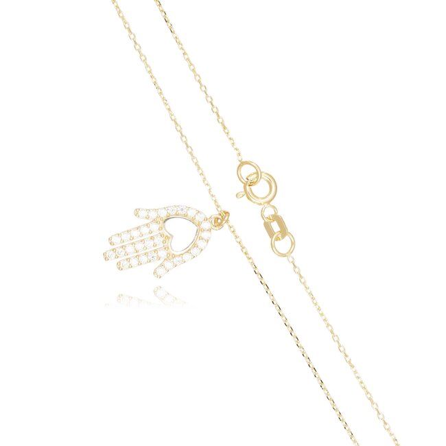14 karaat gouden collier met hamsa hand hanger en zirkonia stenen