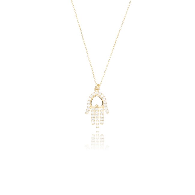 14 karaat gouden collier met hamsa hand hanger en zirkonia stenen