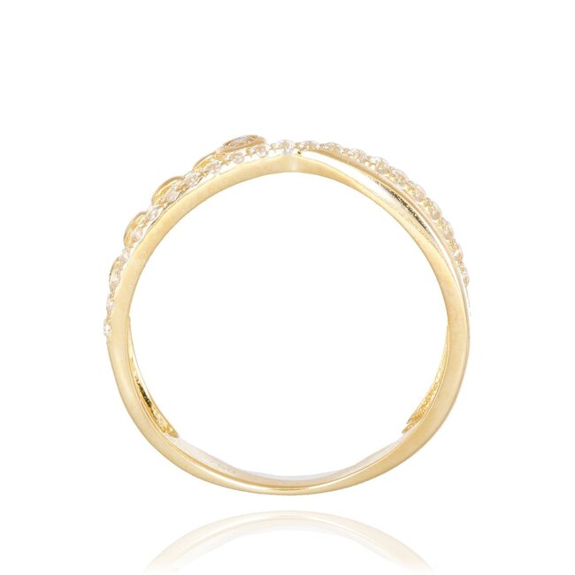 18 karaat gouden ring met open band, zirkonia en detail