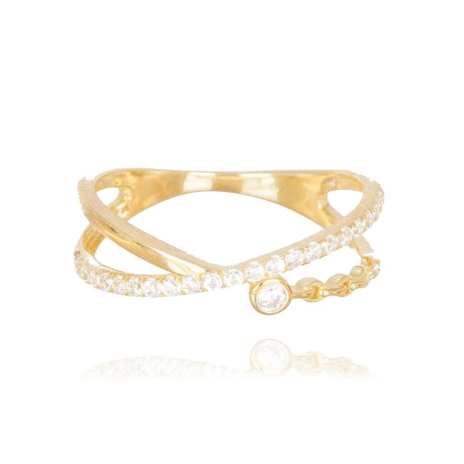 Goldmine 18 karaat gouden dames ring met open band, zirkonia en sierlijk detail