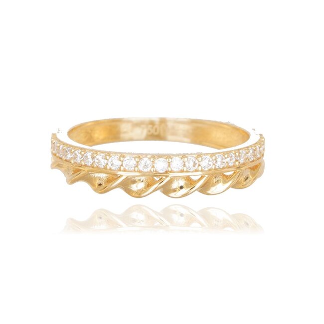 18 karaat gouden dames ring met gevlochten band en zirkonia