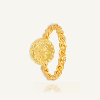 Gouden ring met munt en gedraaide band
