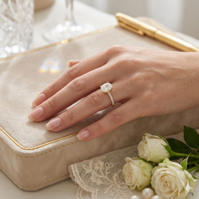 Gouden ring met ovale steen en zijstenen