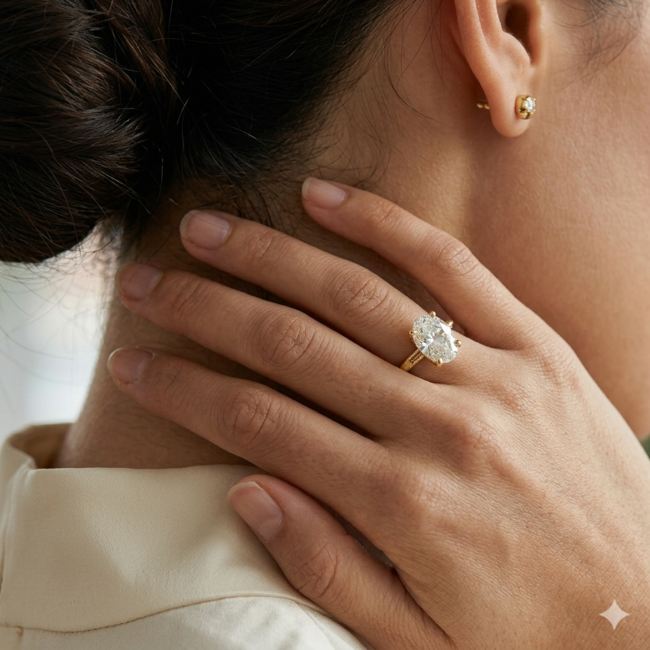 Gouden solitaire ring met grote ovale steen en design