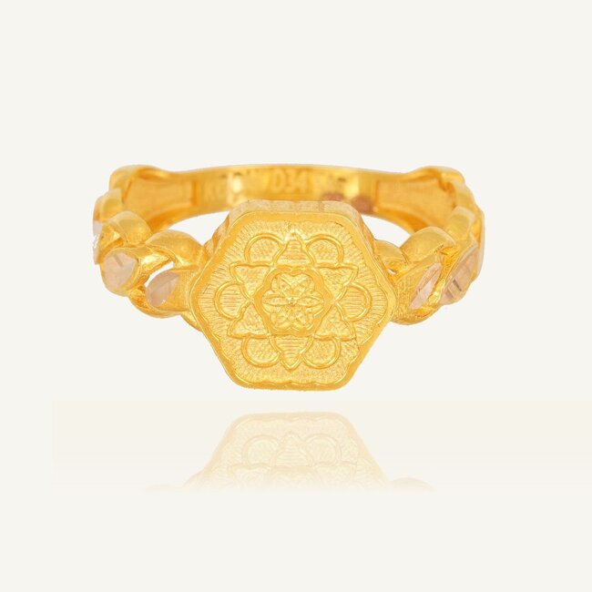 gouden zegelring met bloemmotief en rosé details