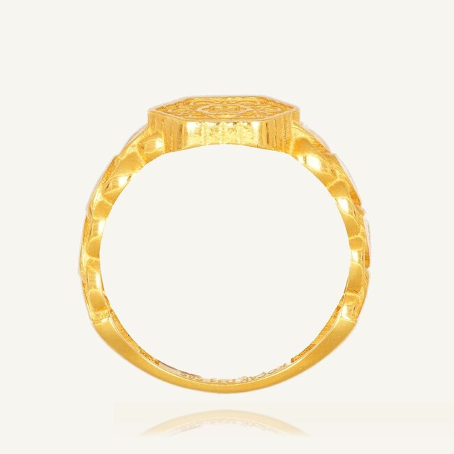 gouden zegelring met bloemmotief en rosé details