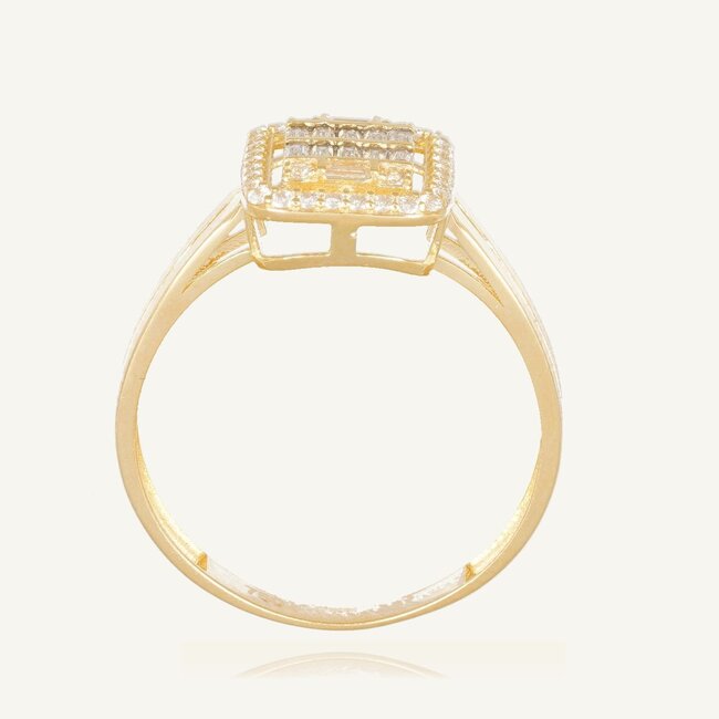 Luxe geelgouden ring met baguette zirkonia en fonkelende halo