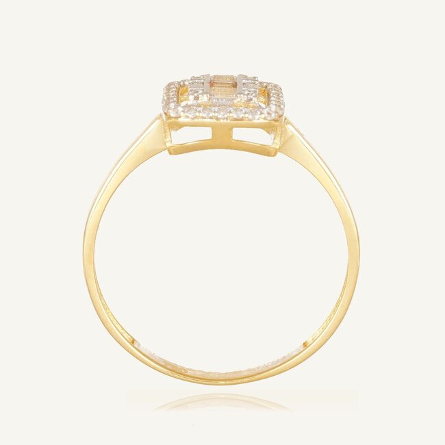 Elegante gouden ring met baguette zirkonia en halo design