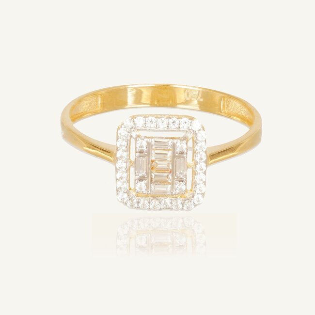 Elegante gouden ring met baguette zirkonia en halo design