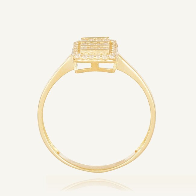 Luxe geelgouden ring met baguette zirkonia’s en fonkelende halo