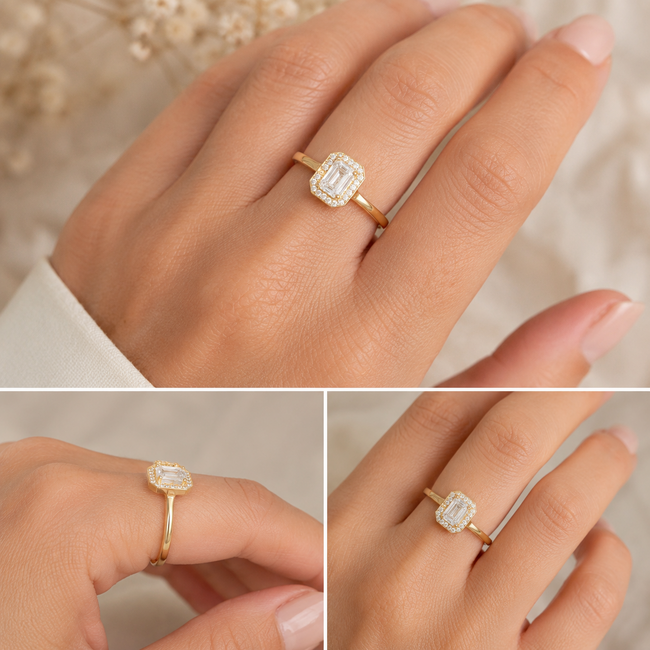 Luxe gouden damesring met emerald geslepen zirkonia en fonkelende halo