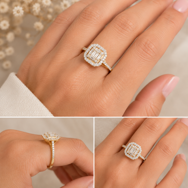 Elegante gouden damesring met baguette zirkonia en pavé halo