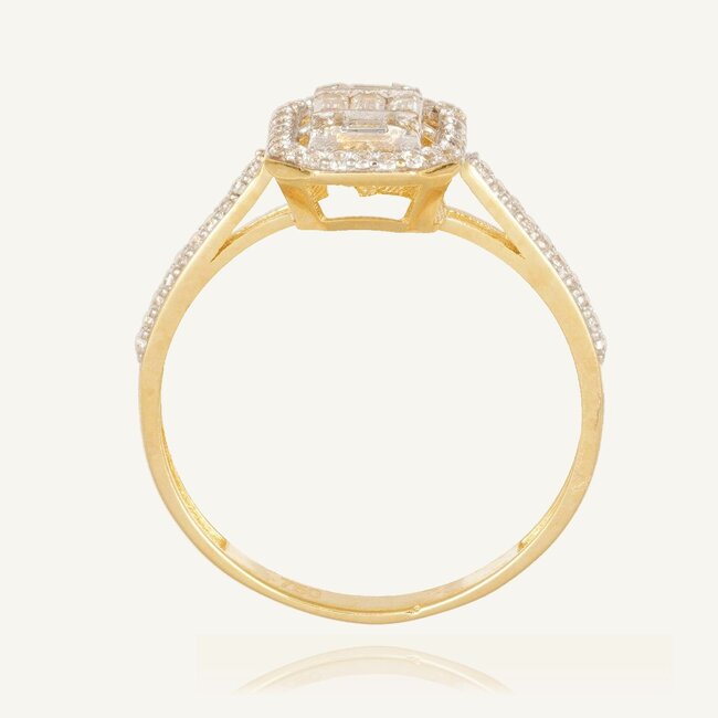 Elegante gouden damesring met baguette zirkonia en pavé halo