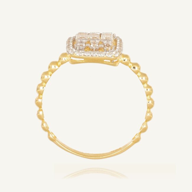 Luxe gouden damesring met baguette zirkonia en bolletjes band