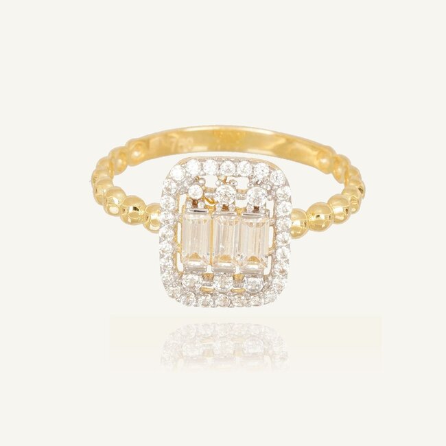 Luxe gouden damesring met baguette zirkonia en bolletjes band