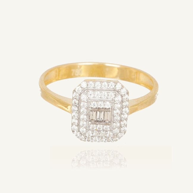 Elegante gouden damesring met baguette zirkonia en dubbele halo