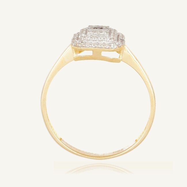 Elegante gouden damesring met baguette zirkonia en dubbele halo