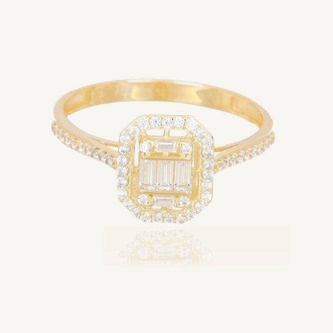 Luxe geelgouden ring met baguette en ronde zirkonia stenen