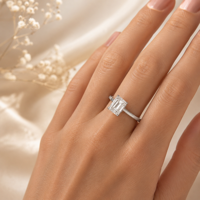 Elegante witgouden solitaire ring met 2.02 ct emerald cut lab diamant