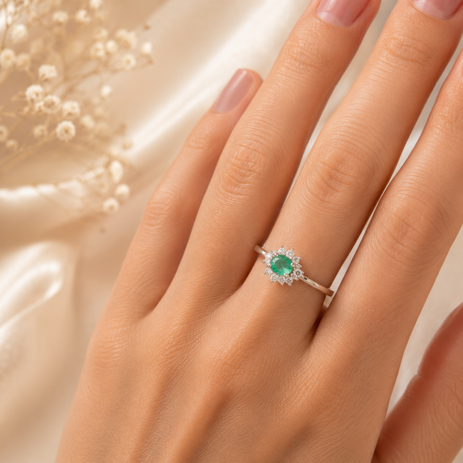 Elegante witgouden ring met 0.20 ct smaragd en 0.15 ct diamanten