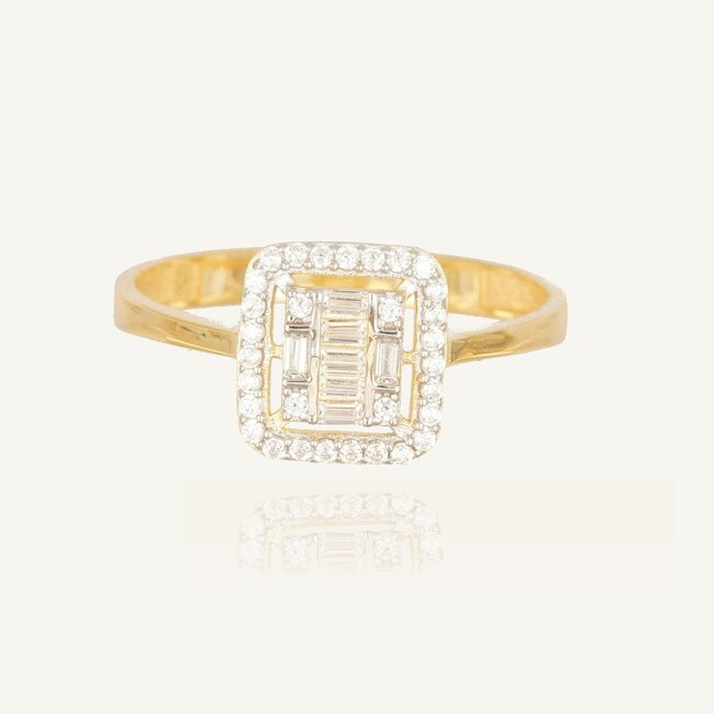 18 Karaat Geelgouden Ring met Baguette en Pavé Zirkonia