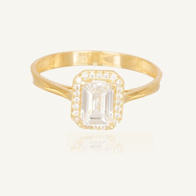 Geelgouden Ring met Emerald Geslepen Zirkonia en Halo