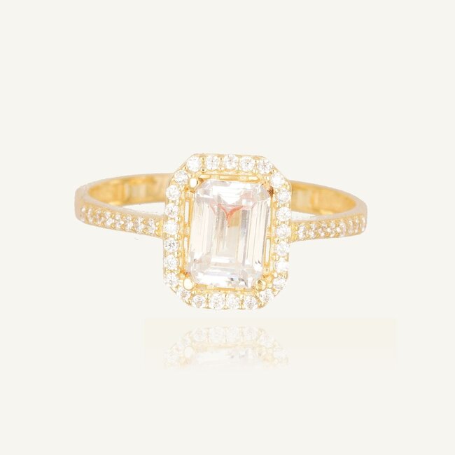 Geelgouden Ring met Emerald Geslepen Zirkonia en Pavé Band
