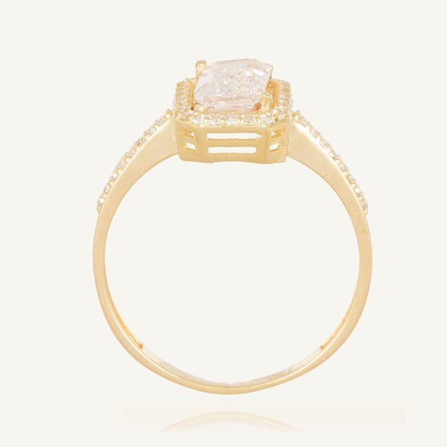 Geelgouden Ring met Emerald Geslepen Zirkonia en Pavé Band